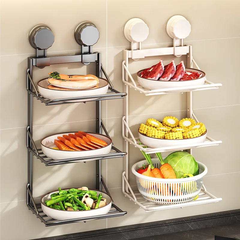 Kitchen vegetable preparation rack, household multi-layer non-punching side dish artifact, wall-mounted storage rack