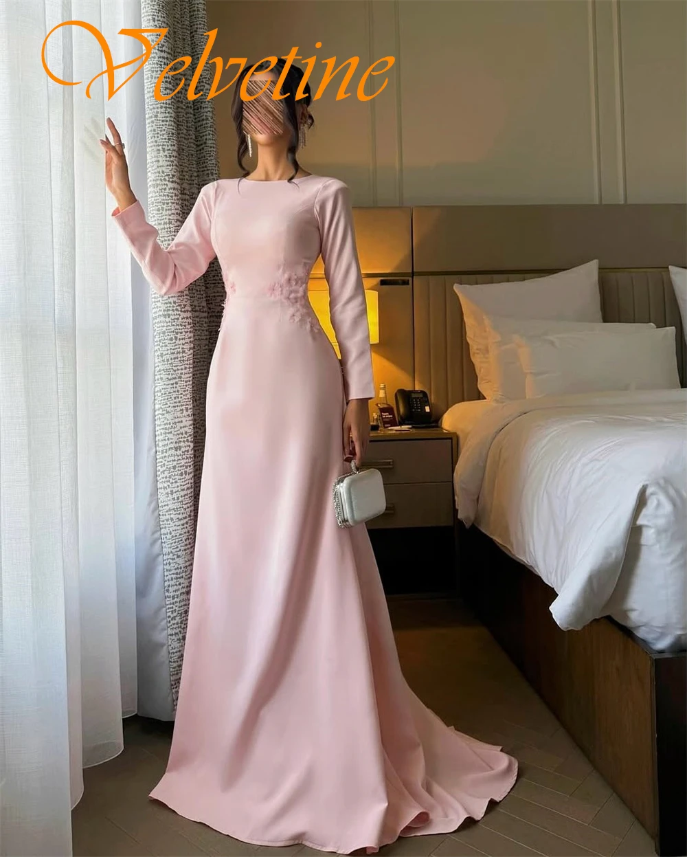 

Customized Graceful Long Sleeves Evening Dress Exquisite Jersey O-Neck Prom Dresses Delicate Sweep Train Special Occasion Gowns