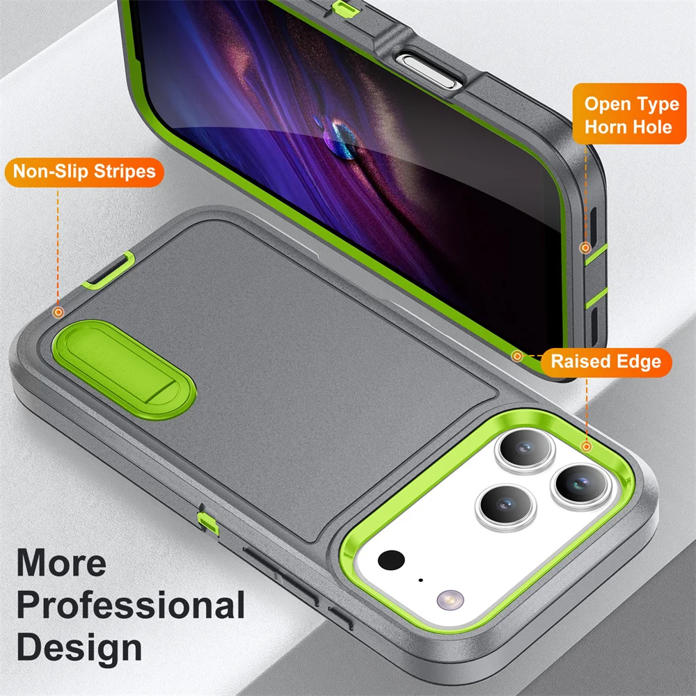 Heavy Duty Armor Protection Stand Phone Case for IPhone 17 Air 16E 16 15 14 Plus 13 12 11 Pro Max Shockproof Kickstand Cover