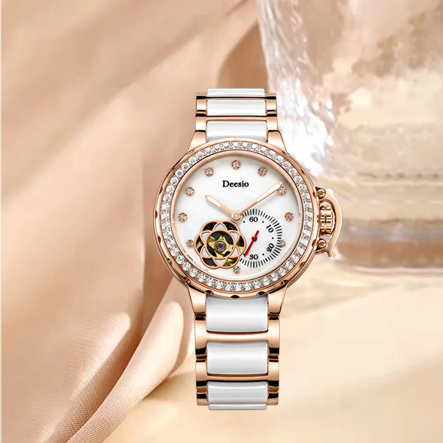 Deesio Luxury Women Automatic Mechanical Watches Ceramic Material Strap Hollow Japan Movement Watches women Christmas Gift