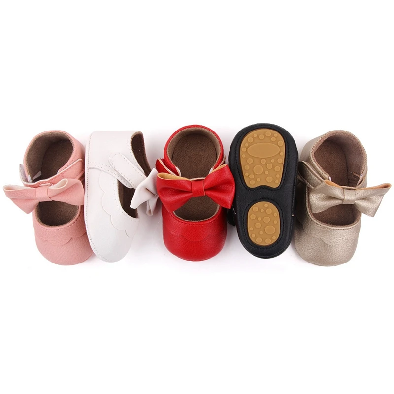 

0-18M Baby Infant Girls Flat Shoes Bow Knot Solid First Walker Soft Sole Newborn Infant Toddler Girls Leather Princess Shoes