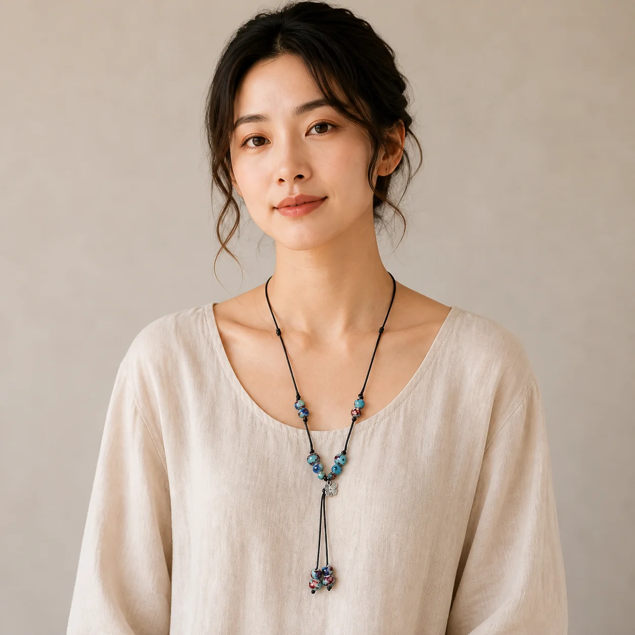 Handmade Ceramic Butterfly Necklace Adjustable Waxed Cord Woven Pendant Alloy Butterfly Beads Jewelry 608P9-18
