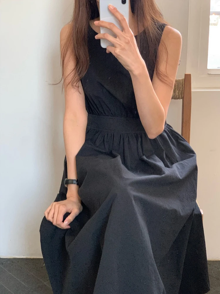 Vestido Versátil Sem Mangas Estilo Coreano Chic de Verão com Botão Traseiro Único, Cintura Alta, Saia Midi em A, Decote Redon...