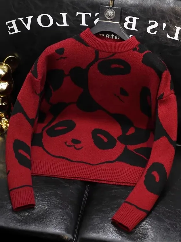 

Loose Long Sve Knitted Sweater Men's Casual Sle Cartoon Anime Embroidery Polyester Fiber round Ne Warm Breathable