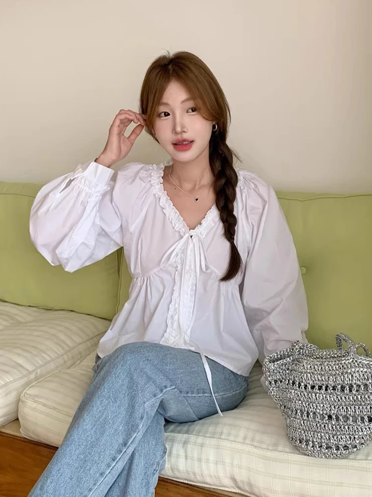 

Весенний новый женский клетчатый топ с поясом в стиле ретро, антивозрастной, белый, синий, корейский свободный крой, длинный топ на пуговицах V-Ne