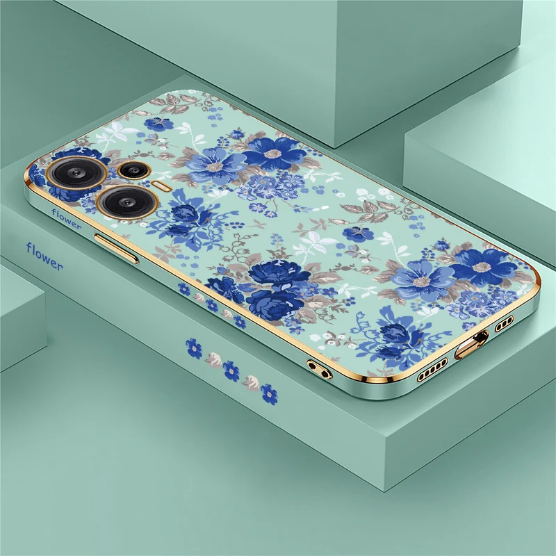 Flower Print Phone Case For Xiaomi Poco F6 Pro F 6 F5 F3 C40 C31 Silicone Shockproof Plating Lens Protection Soft TPU Cover