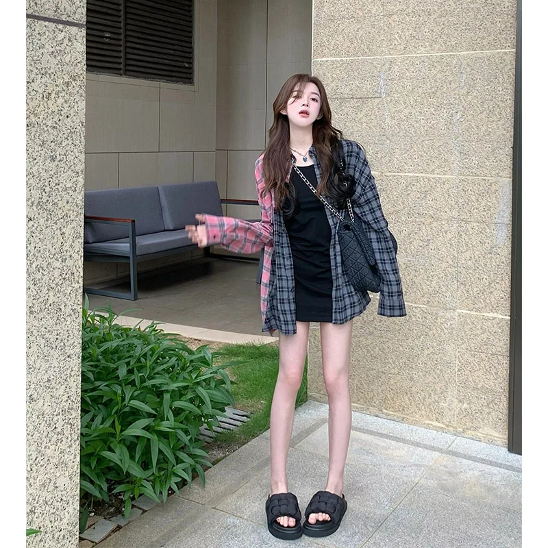 summer-thin-long-sve-women's-sun-protection-irt-vintage-hong-kong-sle-asymmetrical-splicing-plaid-top-high-end-feeling
