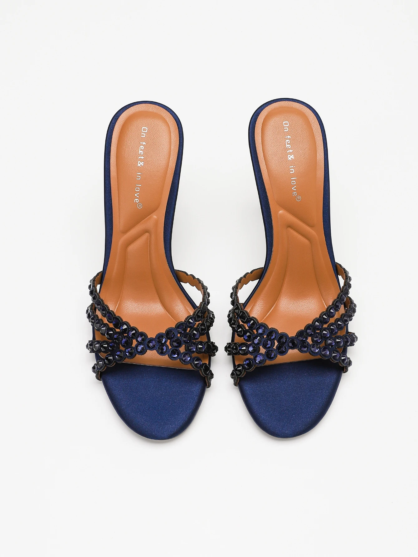 Marineblaue Satin-Sandalen für Damen mit Kristall-Strass-Riemen, eckiger Zehenpartie, Stiletto-Absatz, Mules für Hochzeitsfeier – Detail 5