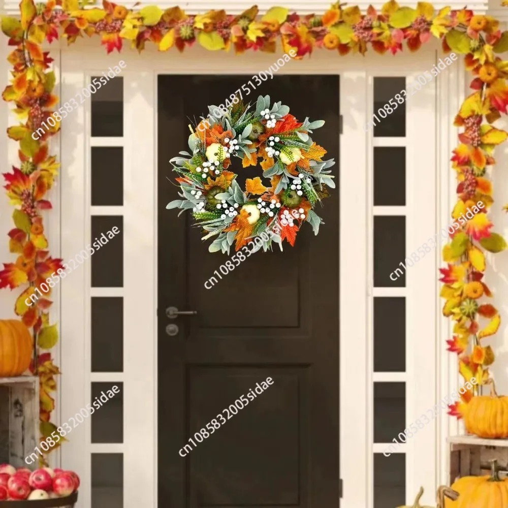 Halloween fall garland White pumpkin Harvest Festival fake flower Thanksgiving garland maple leaf simulation door decoration