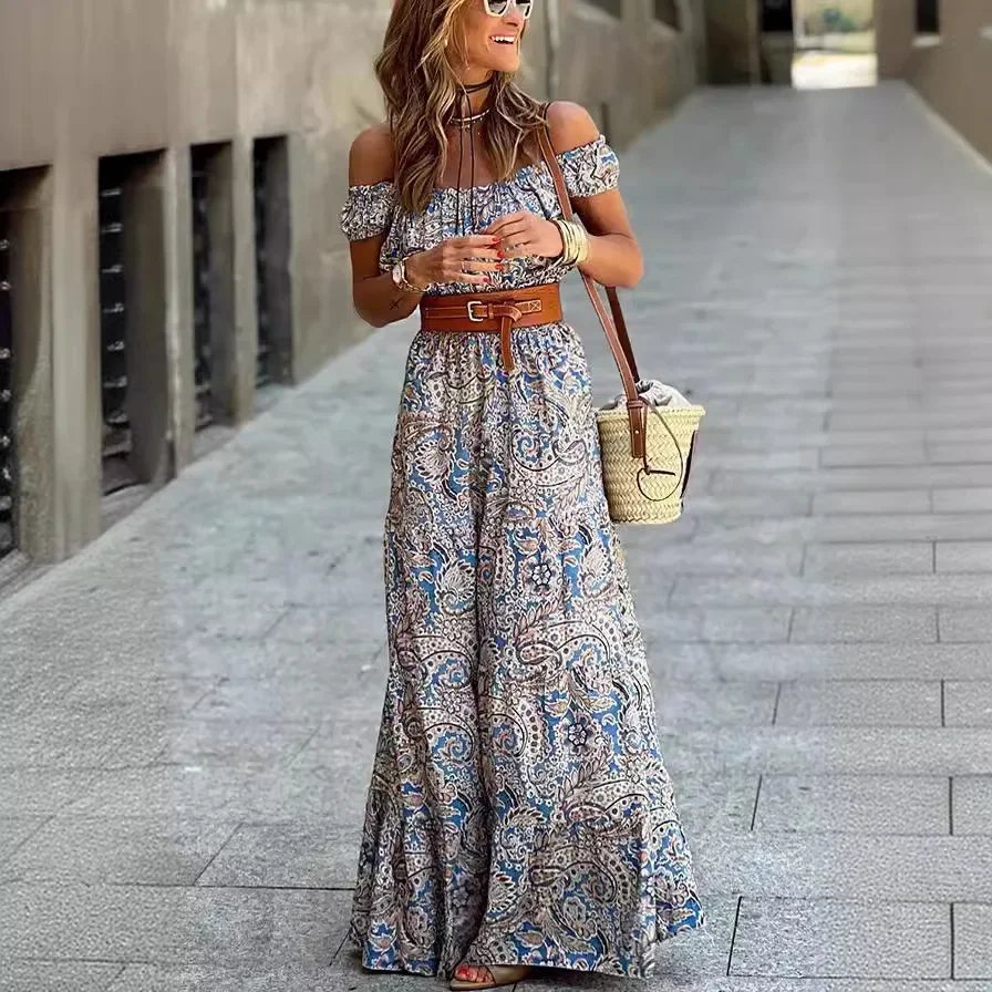 Women Boho High Waist Vacation Dress Sweet Slash-neck Print Dress for Women Summer Vintage Elegant Bare Shoulder Long Dresses