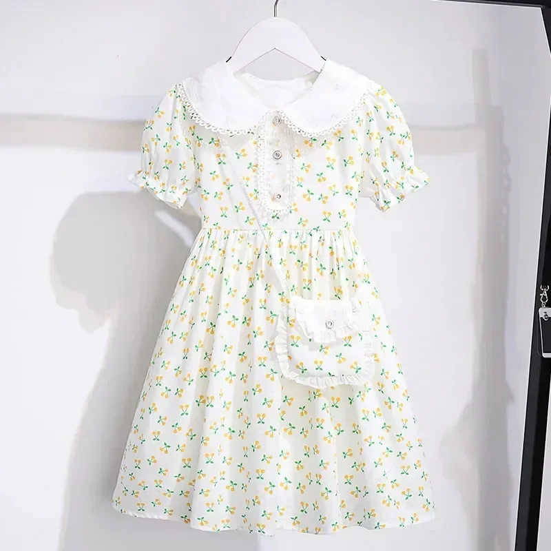 2024 new spring summer Kids Girls Princess Teenager Floral chiffon white fruit print Dresses Clothing  4 6 7 8 9 10 12 14 Years