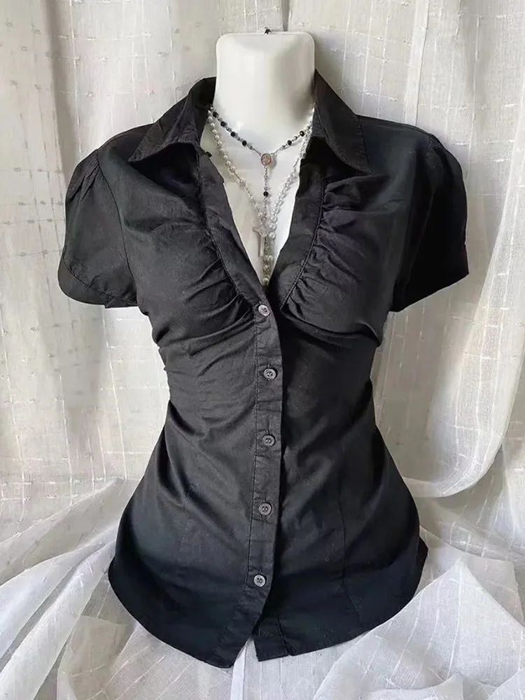

Новая женская черная рубашка в стиле Харадзюку с V-образным вырезом, коротким рукавом, винтажная блузка, уличная одежда, повседневная летняя японская ретро-мода, топы Y2K
