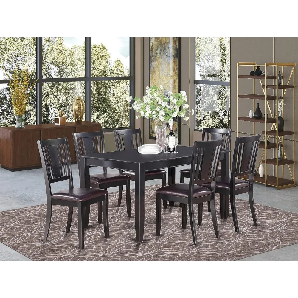 Piece Kitchen Table Set Consist of a Rectangle Dining Table and 6 Faux Leather Dining Room Chairs, 36x60 Inch, Black