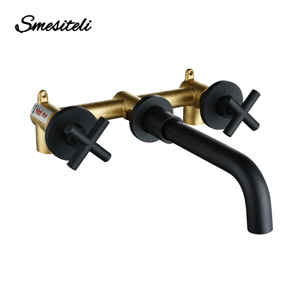 Wall Faucet Bathroom Sink Mixer Tap In-Wall Hot Cold Modern WashBasin Bath Set Silver Gold Matt Black With Double Cross Handle