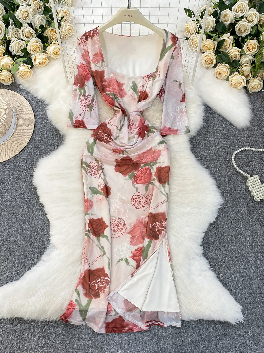 Ele imprimé Maxi Dr avec fente taille haute coupe ajustée coréen Sle femmes été Faion carré Neline 7/8 Sve Dr