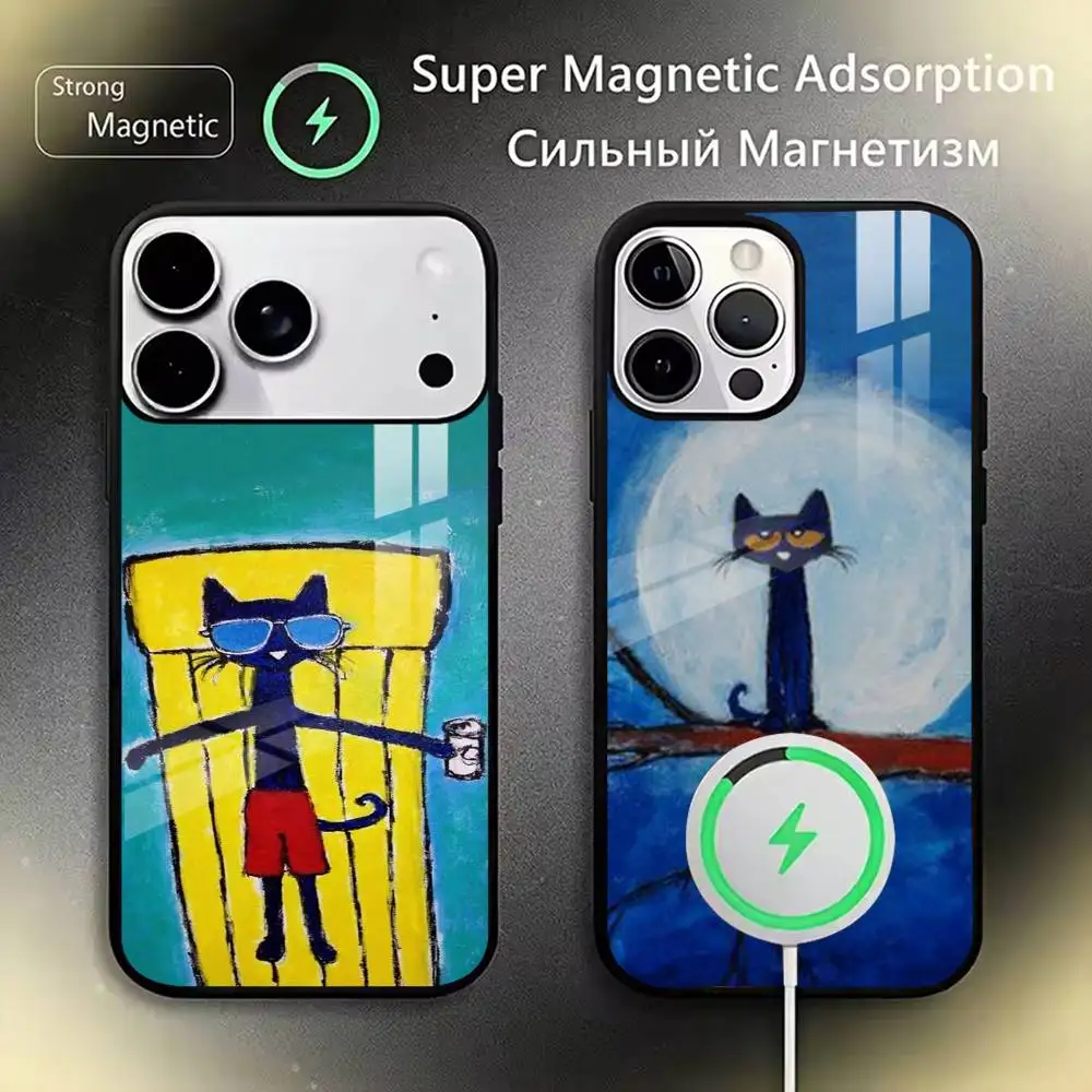 Cute Blue Cartoon Cat  Phone Case For iPhone17,16,15,14,13,12,11 Plus,Pro Magnetic For Magsafe Wireless Charging