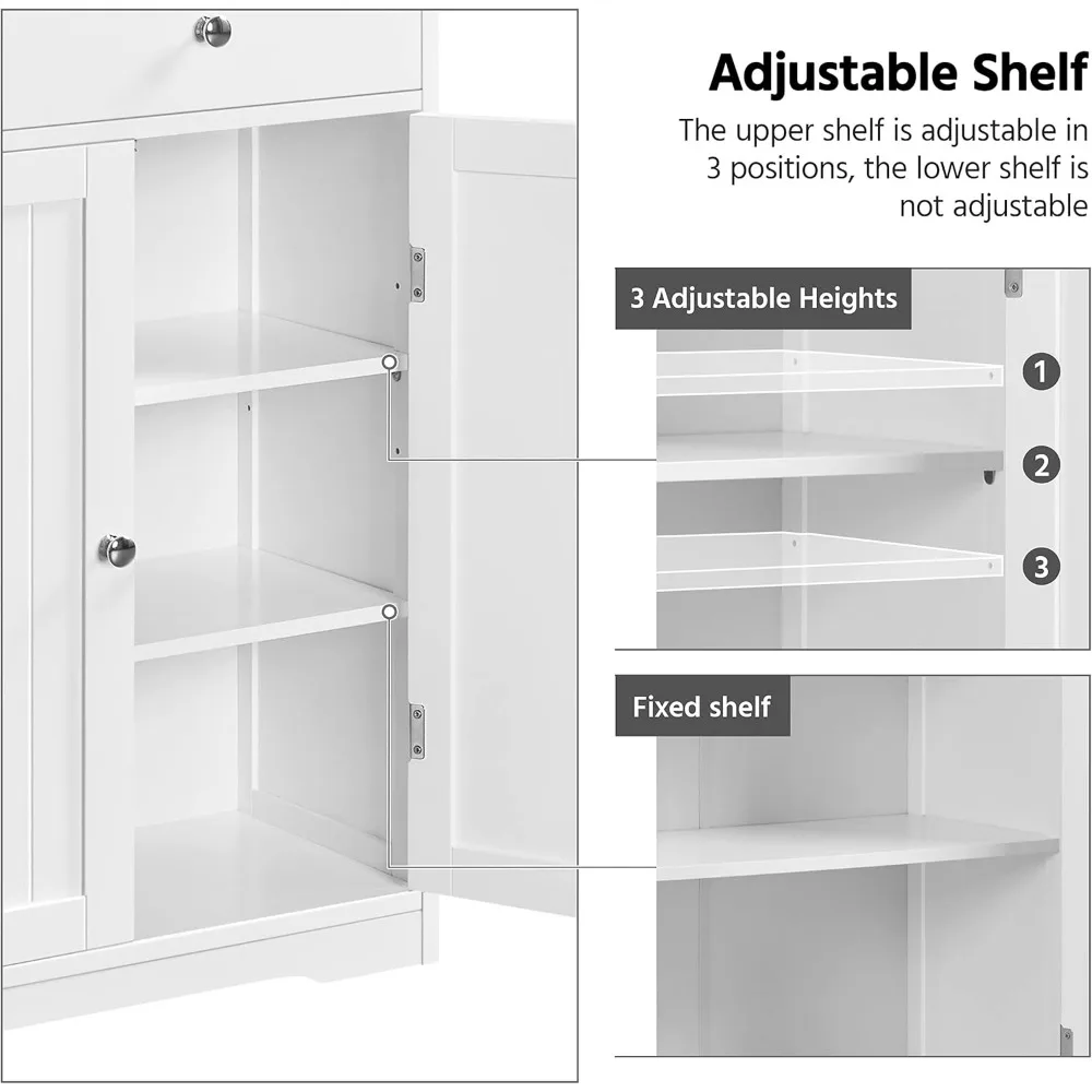 خزانة أرضية حمام خشبية كبيرة مع مساحة تخزين كبيرة: 1 درج كبير، 3 أدراج صغيرة، وبابين
