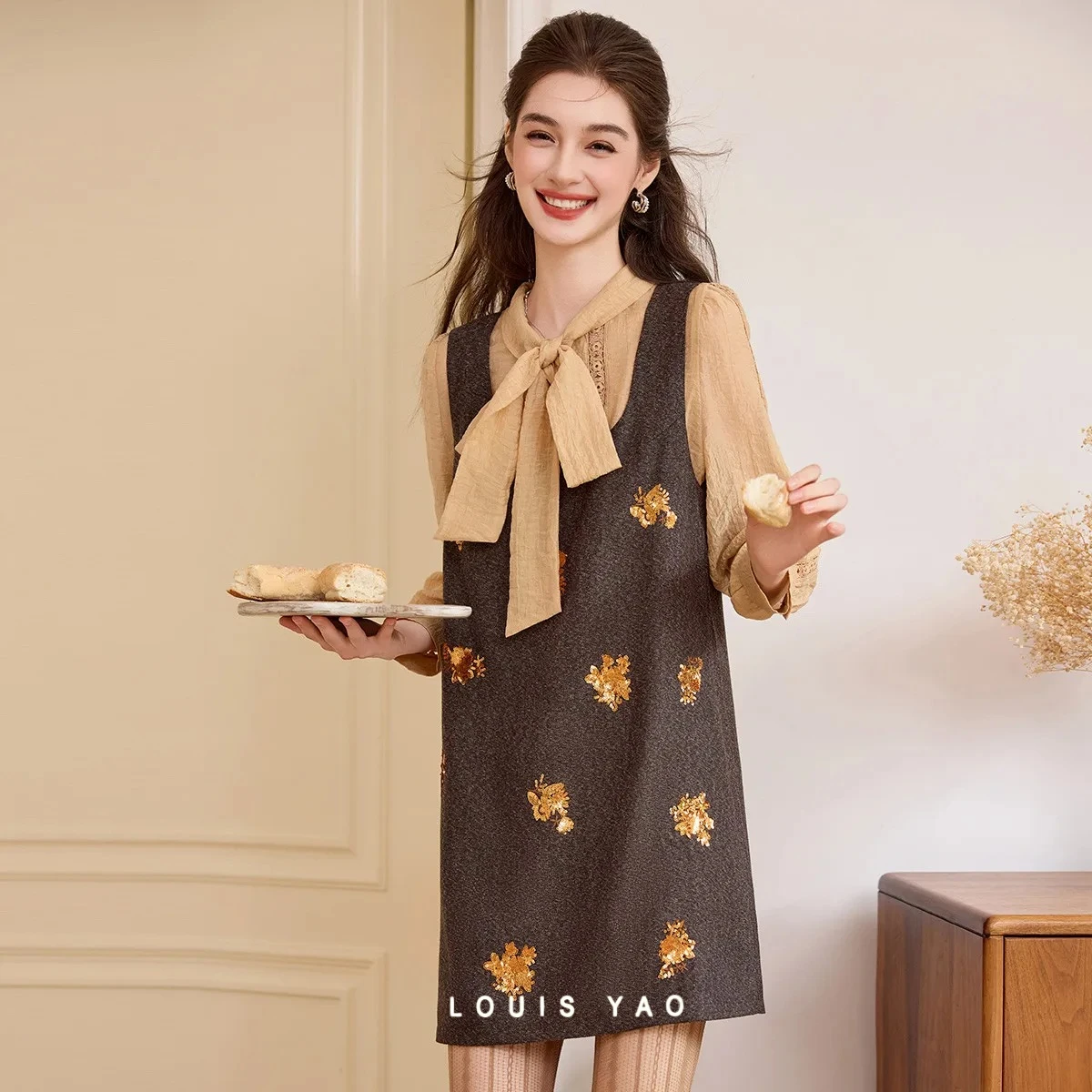 

LOUIS YAO Women's Dresses 2026 Autumn Winter Women Fake Two Piece Dress Lace-Up Midi Dress Casual Office Wear A-Line Dress