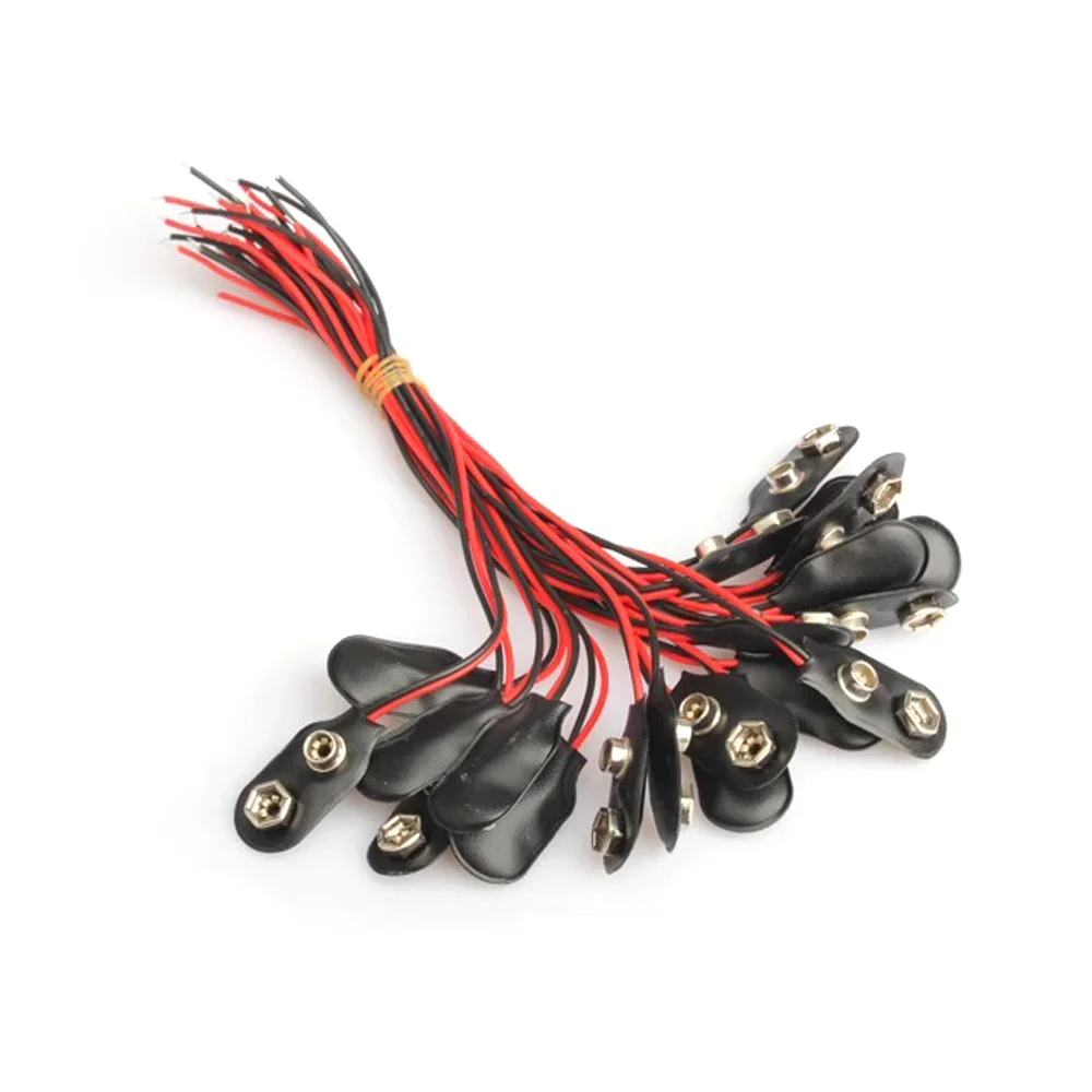 50PCS 9V Clip-on Battery Connector with Leather Shell for , Black/Red Wired I-Type 9 Volt Battery Holder 10cm Wire Length