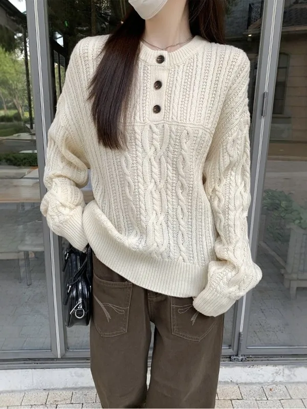 Ladies' Lazy Style Knitted Sweater round Neck Button up Long Sleeve Loose Fit Slimming Versatile Top Spring Autumn 2026