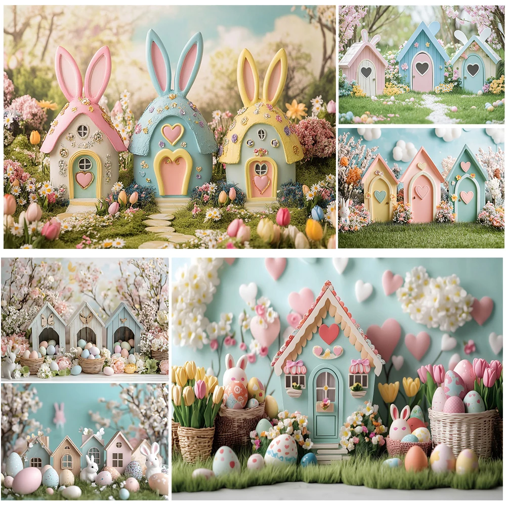 

2025 Easter Backdrop For Photography Cottage Eggs Bunny Flowers Wooden House Baby Shower Birthday Party Photo Background Decor