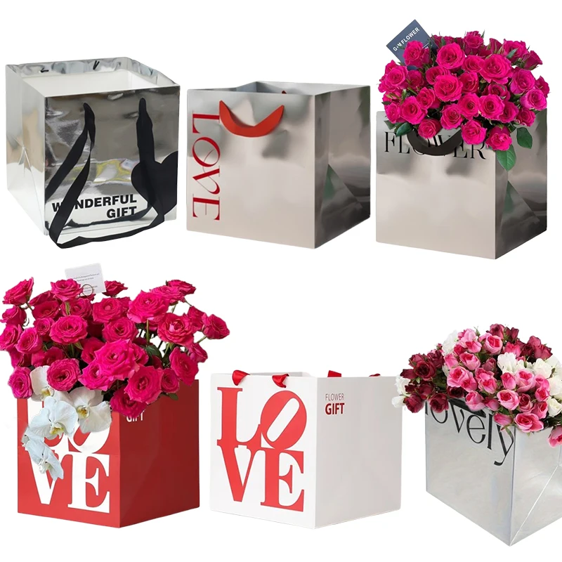 Portable Flower Tote Bag Foldable Mirror Paper Handbag Waterproof Flower Packaging Boxes Wedding Valentine Day Gift Wrapping Bag