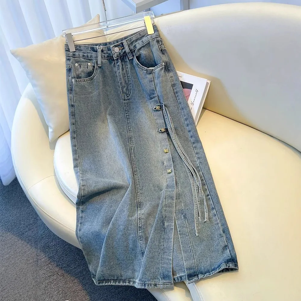 High Waist Split A-Line Denim Skirt Single Breasted Button Lace Up Medi Skirt Vintage Wahsed Pockets Women  Chinese Style Korean