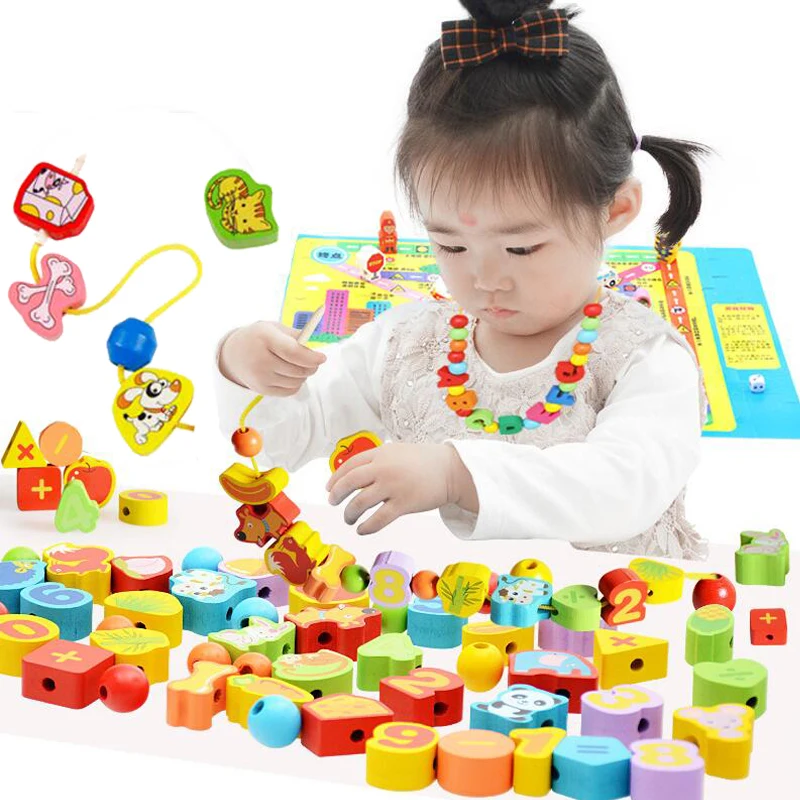 26PCS Wooden Animals Fruits Beads Children Cartoon Toys Threading Rope Montessori Early Education Puzzle Toy  Gifts for Kids TMZ