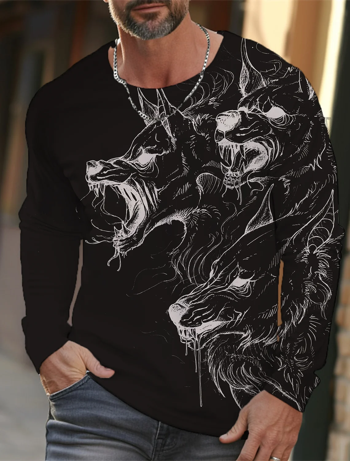 2024 new men\'s long-sleeved t-shirt 3d printed high-definition wolf animal print men\'s autumn tops casual round neck t-shirt