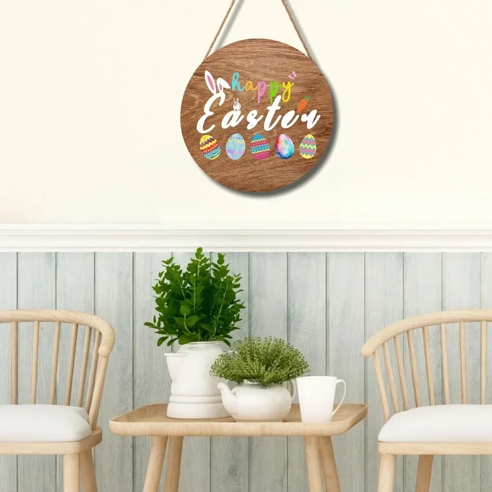 Happy Easter Wooden Board Sign Decoration Colorful  Egg Sign Round Welcome Sign Home Yard Spring Wall Decor