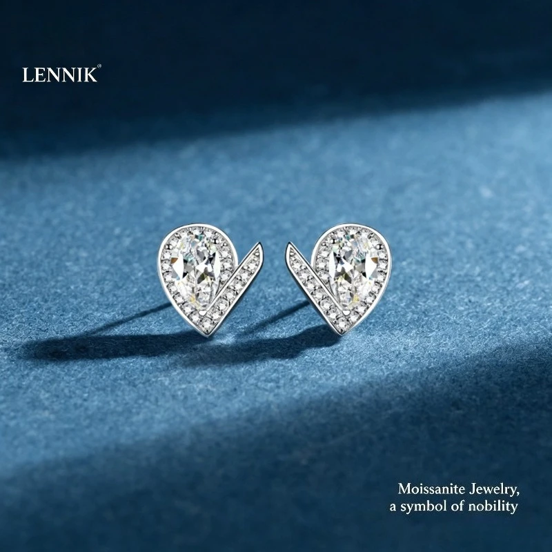 LENNIK S925 sterling silver special-shaped moissanite stud earrings women's D color 1 carat pear-shaped love earrings simple