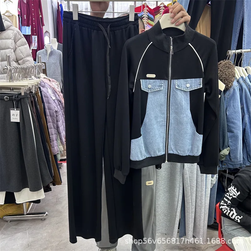

Contrast Color New Spring Women Hoodie Sets Denim Patchwork Stand Collar Zip Jacket Coat + Elastic Waist Wide Leg Trousers