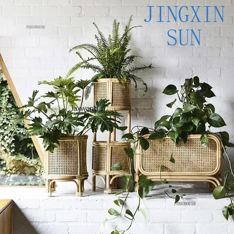 Rattan Plant Pot Stand Shelf Flower Pot Decoration Indoor Double Flower Stand Art Flower Pots Decorative Basket t a