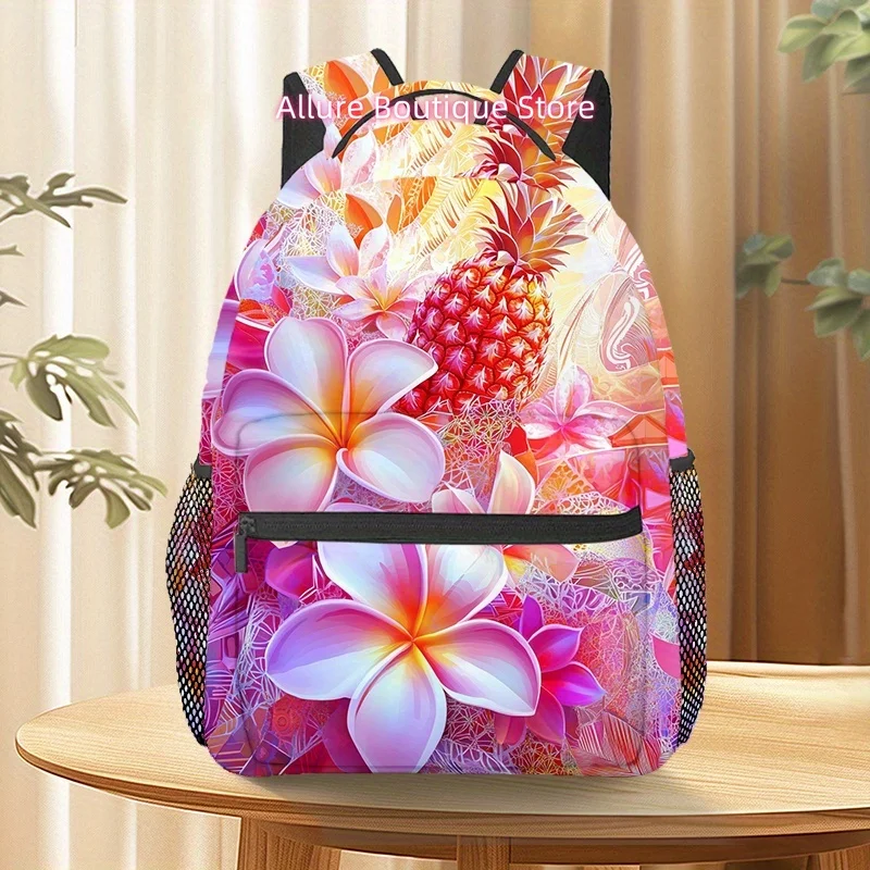Hawaiian Pineapple & Flower Print Backpack - Lightweight, Adjustable Strap, Zipper Closure, Durable Polyester Material, Ideal fo