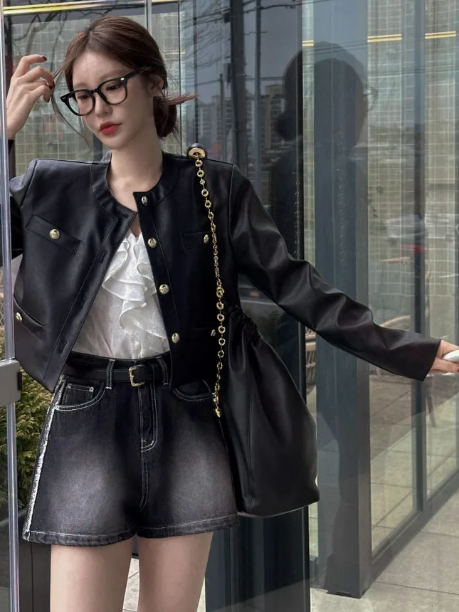 เสื้อโค้ทหนัง PU สไตล์เรโทรเกาหลีทรงหลวมสำหรับผู้หญิง แฟชั่นฤดูใบไม้ร่วง