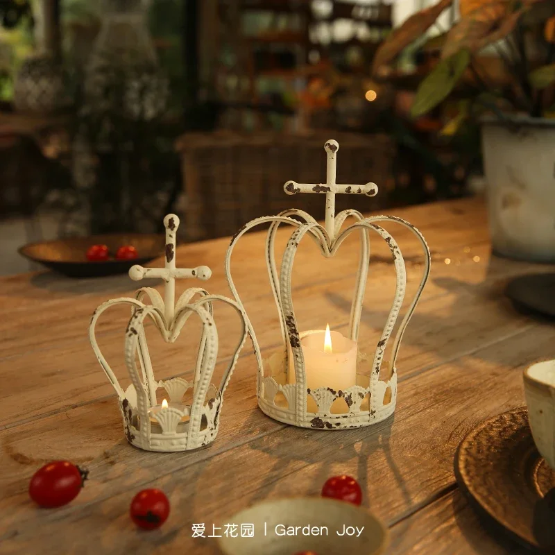 Ironwork Candlestick Crown Art Home Furnishings Garden Courtyard Decorative Ornaments Crown Rust Retro Style Candle Holders