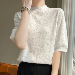 Spring Summer Wool Lace Silk T-shirt Women Tops O-neck Half Sleeve Tees Shirt Korean Fashion Vintage T Shirt Fmeale Clothing