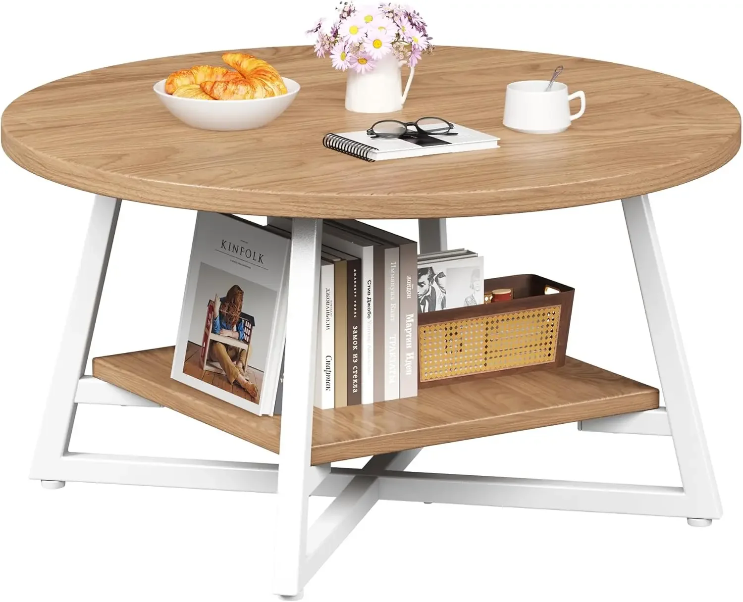 Coffee Table for Living Room, Round Coffee Table, Small Circle Coffee Table with Storage, Modern Wood Round Center Table for Hom