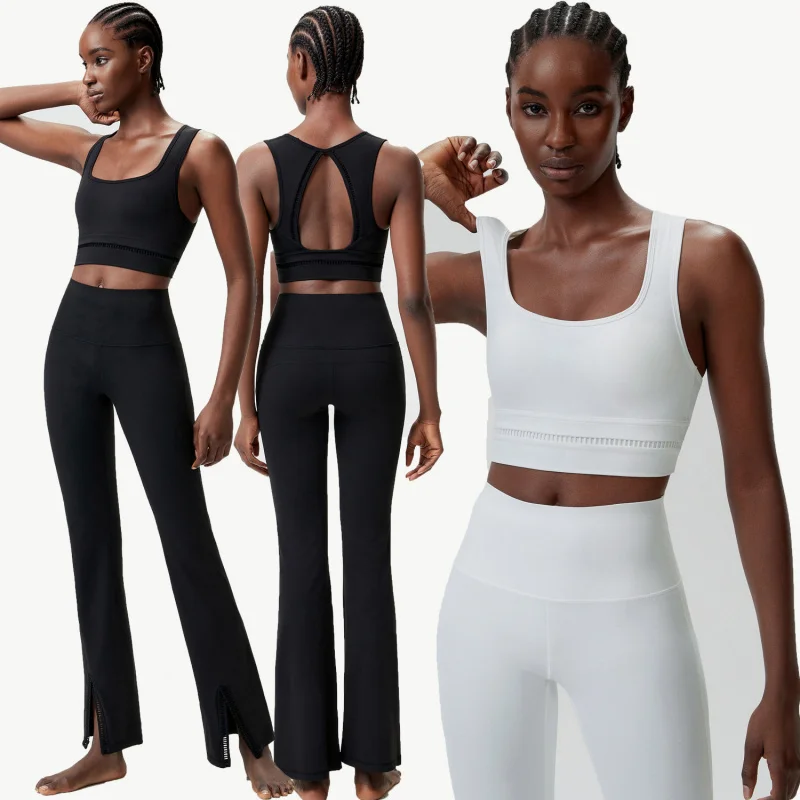 SharpStar Fashion High Wasit Yoga Flared Pants Set Shockproof Running Bra Suit Quick Dry Workout Gym Set Breathable Sportswear
