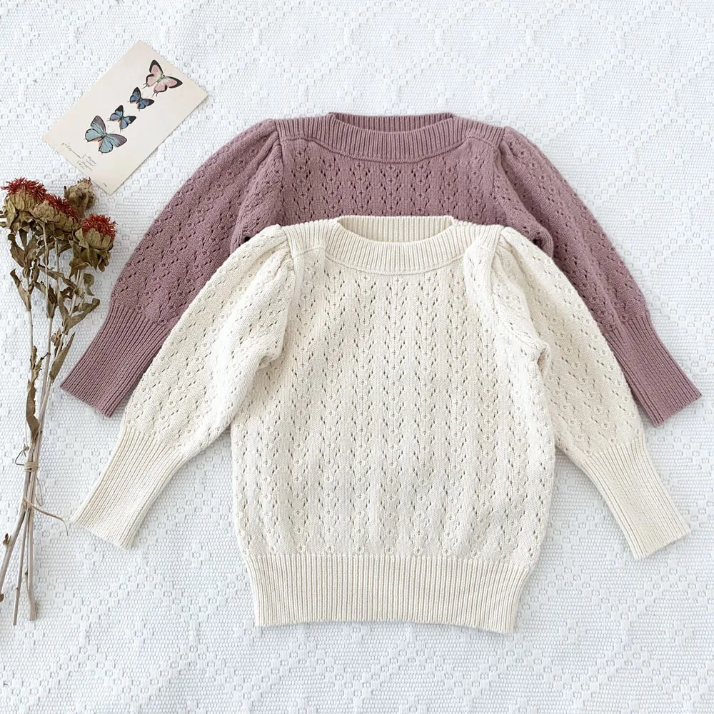 

Kids' Slash Neck Sweater For Girs Solid Color Pullover Pure Cotton Hollow Out Children's Winter Clothing From 2 to 7 Years