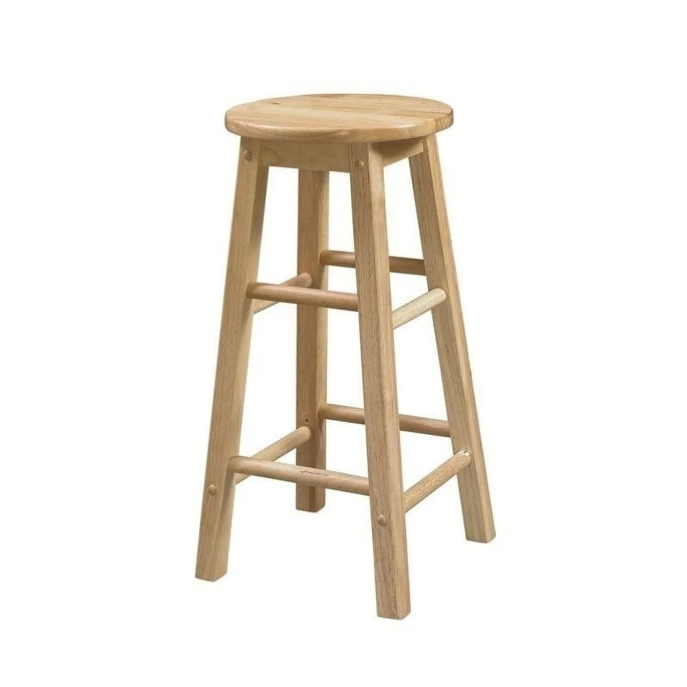 Natural Brown Rubberwood Backless Round Counter Stool 24 Inch Height Ergonomic Footrests Sturdy Design Kitchen Bar Dining