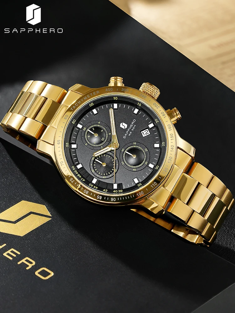 SAPPHERO ساعات رجالية ماركات فاخرة ساعات ستانلس ستيل ذهبية كوارتز مقاومة للماء ساعات أنيقة يؤرخ الساعات على مدار الساعة