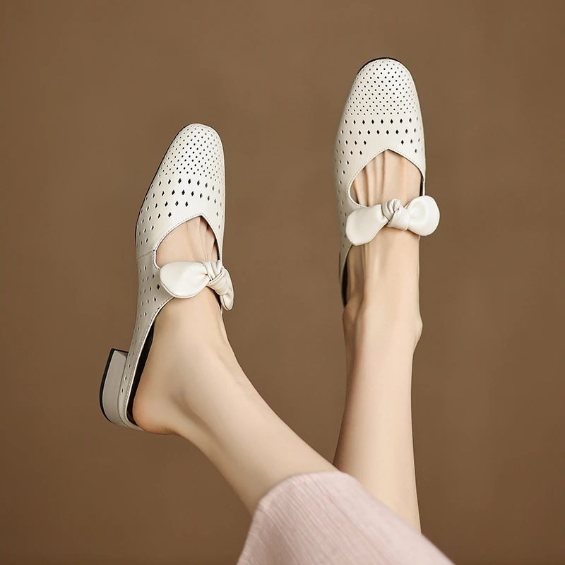 

New women's summer genuine leather cowhide hollow hole with large butterfly bow toe and M ü ller slippers