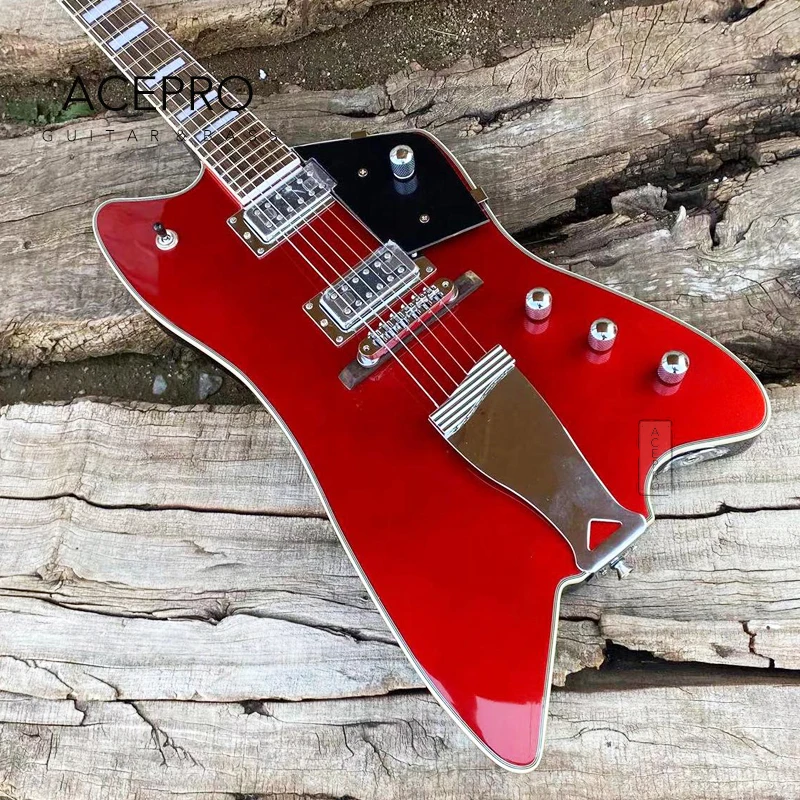 

Электрогитара Custom BillyBo Jupiter, металлический красный цвет, инкрустация на грифе, хромированная фурнитура, тейлпикс, гитара.