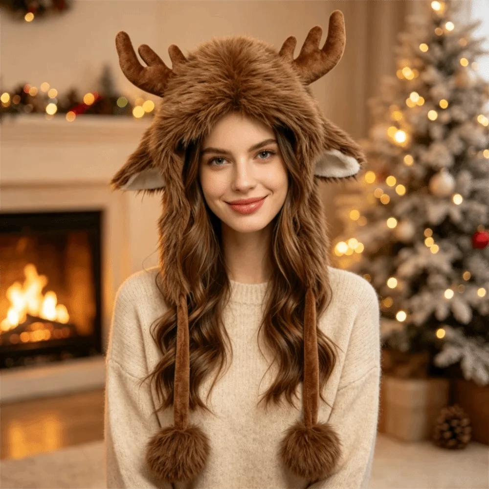 プルオーバースタイルのクリスマスヘラジカ帽子、防風設計、調節可能な紐付き、トナカイの角の形をした帽子、テディフリースのふわふわした質感