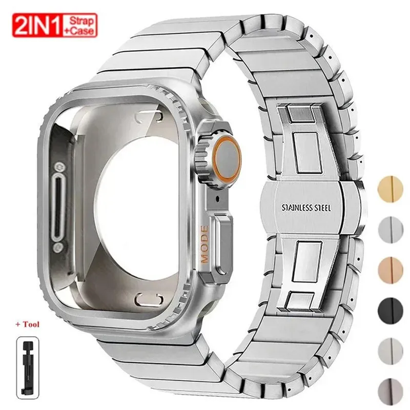 

Ремешок из нержавеющей стали + металлический корпус для Apple Watch Ultra 3 2 49 мм S11 10 46/42 мм, защитный чехол для iWatch Series 987654SE 44/45