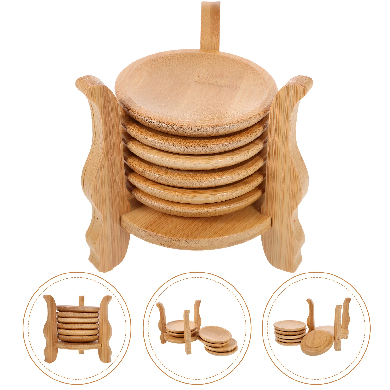 1Set Bamboo Coaster Holder with Round Coasters Smooth Surface Protective Coffee Tea Table Bamboo Coasters Coaster Holder