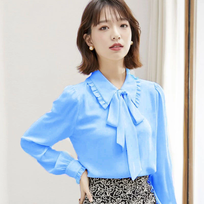 Solid Plus Size Loose Butterfly Sleeve Bow Office Button Chiffon Fashion Woman Blouses Top Vintage Ruffles Shirts Korean Style