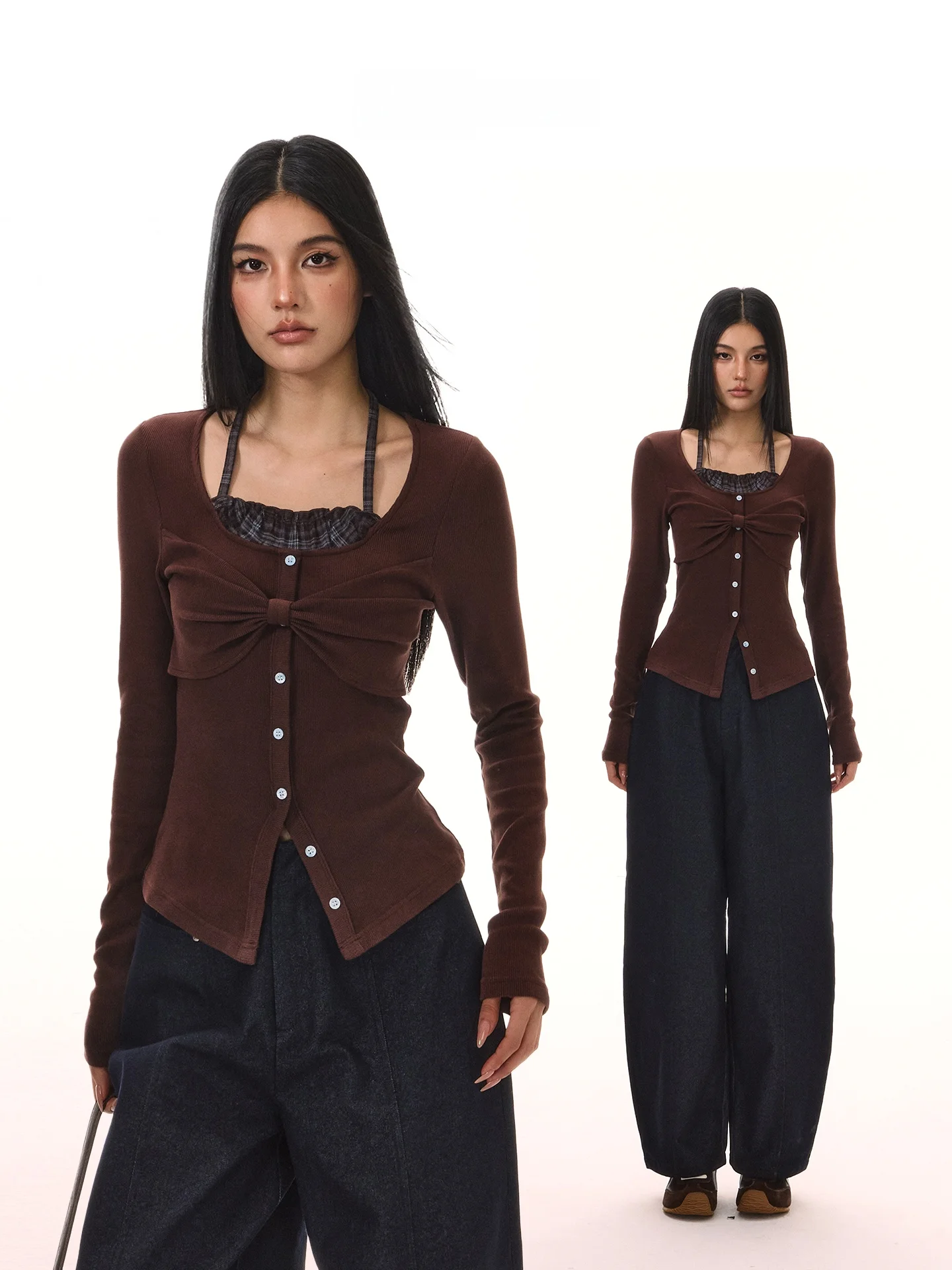 

ACMEAURA Korean Sle Women's Knitted Ne Hanging Top Slimming Unique Design Autumn New Arrival Long Sve T-irt