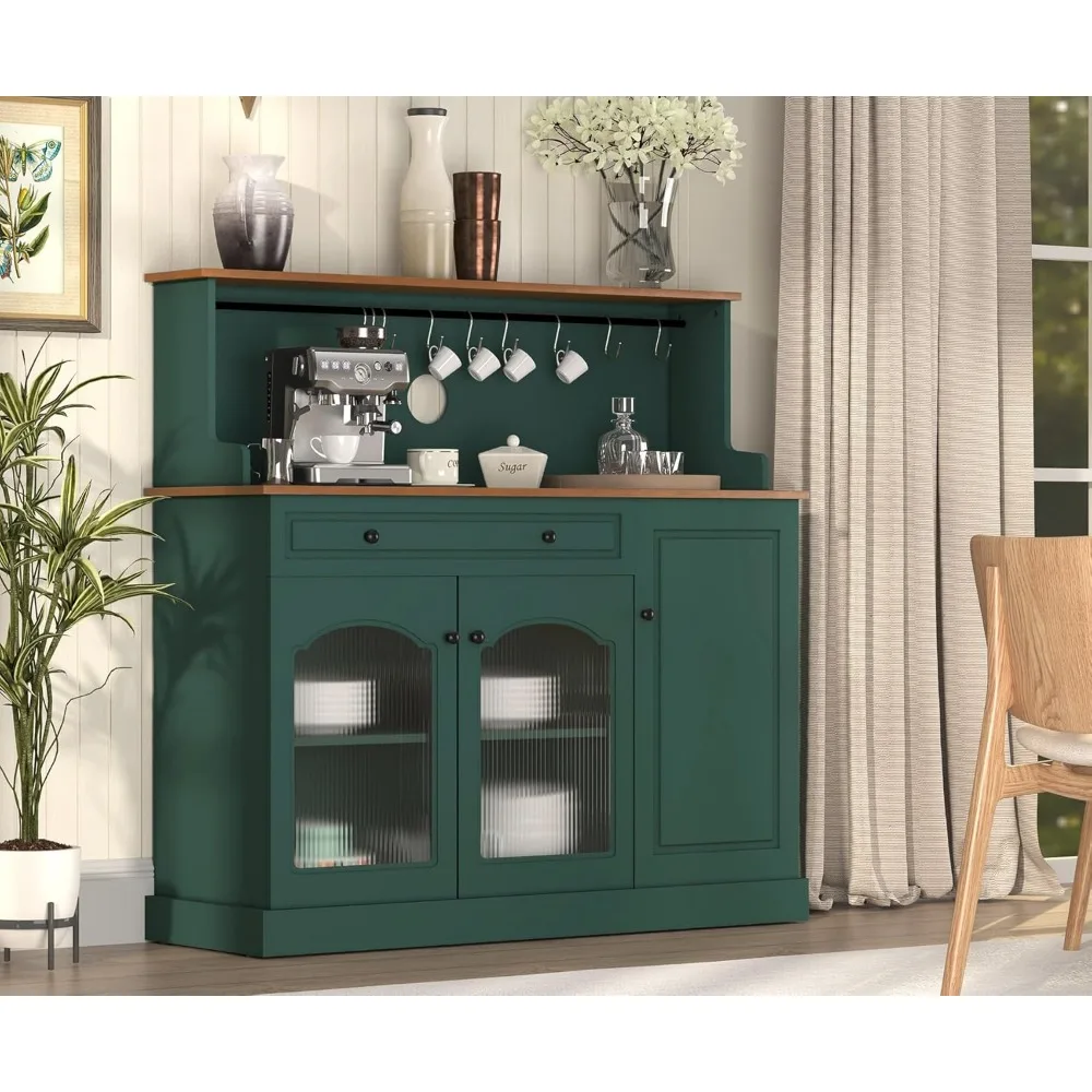 Coffee Bar Cabinet with Glass Doors, Wood Kitchen Pantry Cabinet with Glass Doors, Green Microwave Cabinet with Hutch